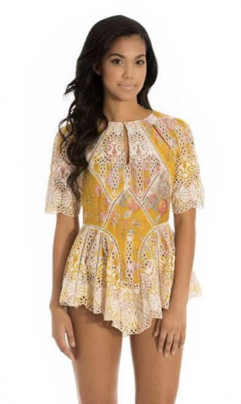 Zimmermann Confetti Scallop Top Peplum Blouse, Size 1, Yellow, Romantic